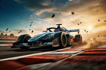 Blue Race Car Speeding on Race Track. Generative AI - obrazy, fototapety, plakaty