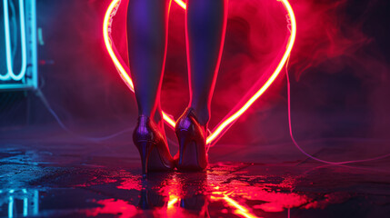 Legs of a Girl in High Heels Near a Glowing Neon