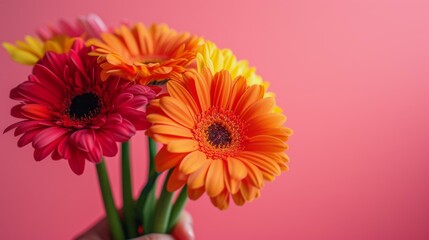 Crop anonymous person demonstrating bunch of colorful flowers against pink background
