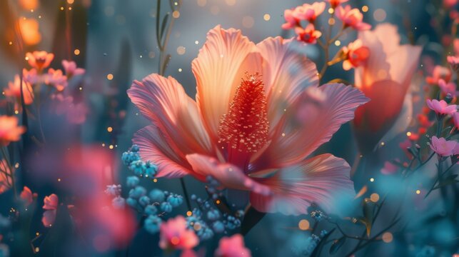 Creative AI generated illustration of composition of blossoming flowers with gentle petals of various bright colors and stamens