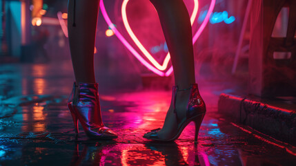 Legs of a Girl in High Heels Near a Glowing Neon