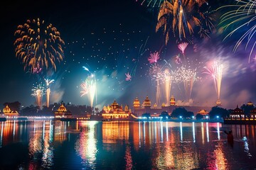 A majestic display of fireworks illuminating the night sky, commemorating India's Independence Day, creating a mesmerizing spectacle reflecting over serene water bodies. - obrazy, fototapety, plakaty