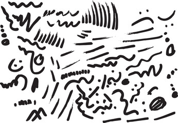 Handwritten doodle elements. Pencil scribble textures. Vector charcoal brush strokes. Hand-drawn kids crayon lines, Each element is united and isolated