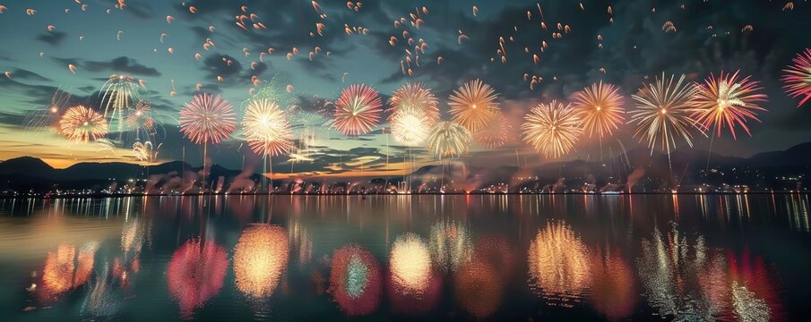 The magnificent exhibition of fireworks brightening the evening sky, celebrating India's Independence Day, forms a captivating sight mirrored in peaceful bodies of water.