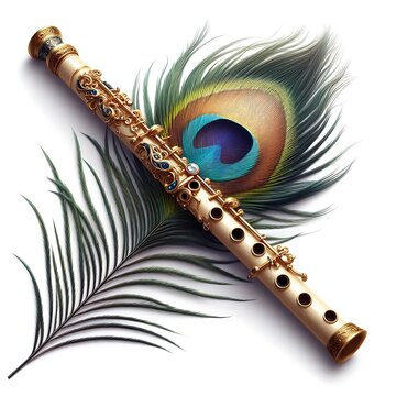 A beautiful flute adorned with a peacock feather isolated on white background