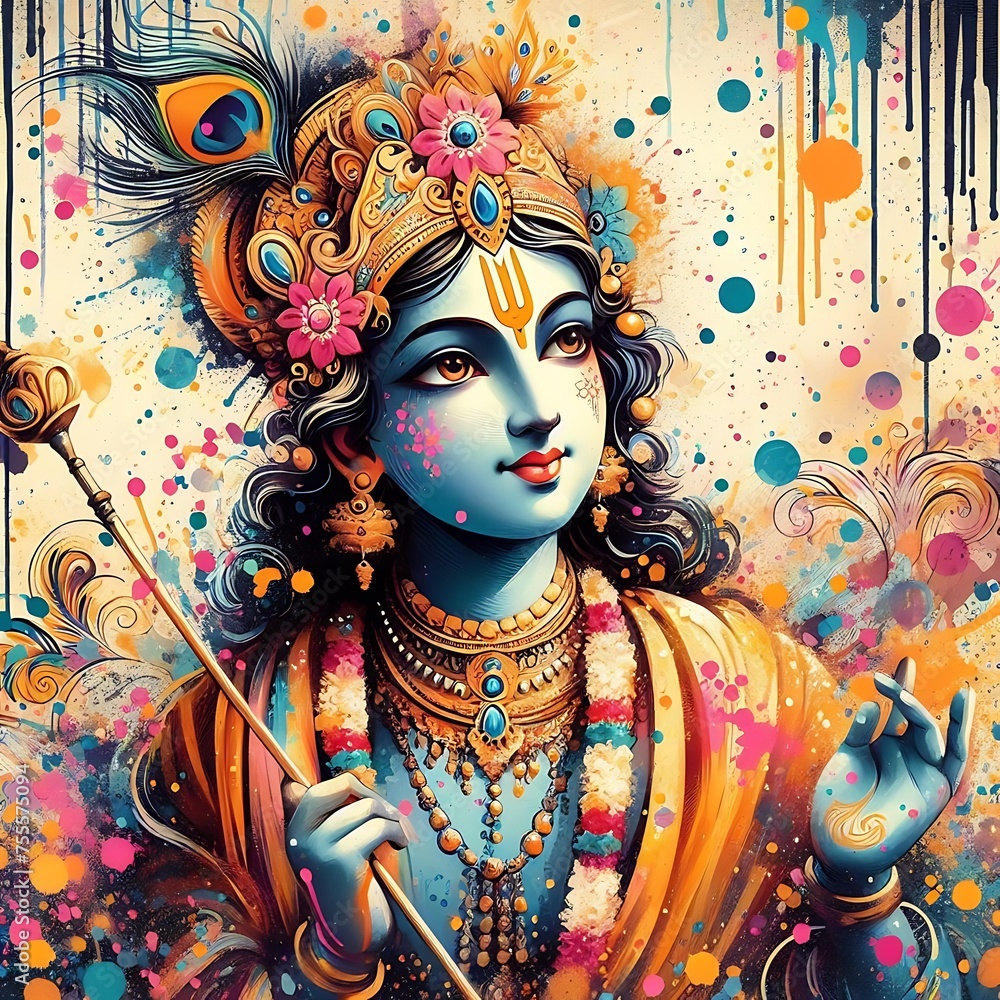 Wall mural lord krishna for krishna janmashtami in paint splatters style