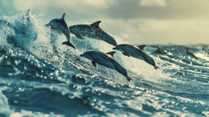 Dolphins frolic in the ocean, jumping through the waves