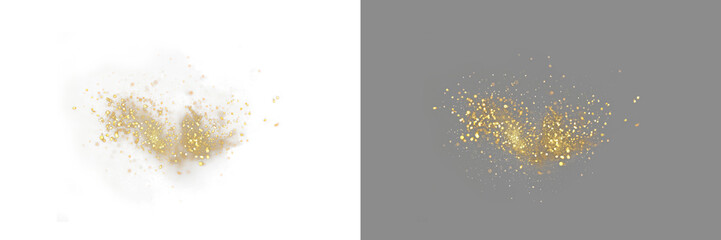 Gold blowing glitter png. Gold confetti. Glitter isolated on transparent background. Glitter and sprinkles.  Bright festive tinsel of gold color