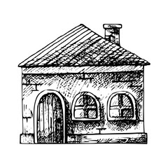 House vector sketch. Hand drawn illustration with painted by black inks on isolated background. Engraving village and city building. Monochrome drawing in line art style