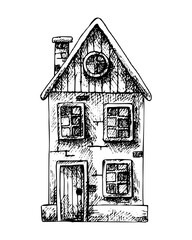 House vector sketch. Hand drawn illustration with painted by black inks on isolated background. Engraving village and city building. Monochrome drawing in line art style