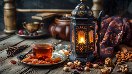 Muslim Lamp, Dried Fruits, Tea, and Tasbih on Wooden - obrazy, fototapety, plakaty