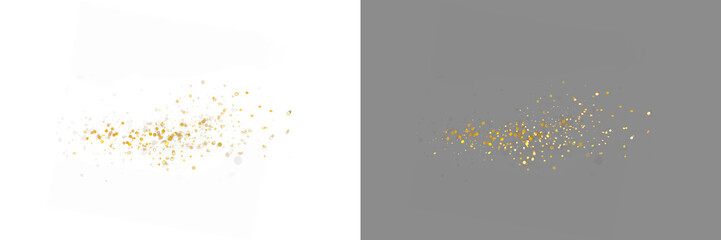 Gold blowing glitter png. Gold confetti. Glitter isolated on transparent background. Glitter and sprinkles.  Bright festive tinsel of gold color
