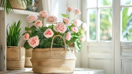 Interior decoration featuring a straw bag and pink roses with a spring theme