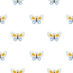 Seamless vector background with a repeating pattern of blue butterflies on a white background. The butterfly is blue with yellow patterns and stripes. Suitable for wrapping paper, wallpaper, textiles.