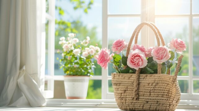 Interior decoration featuring a straw bag and pink roses with a spring theme