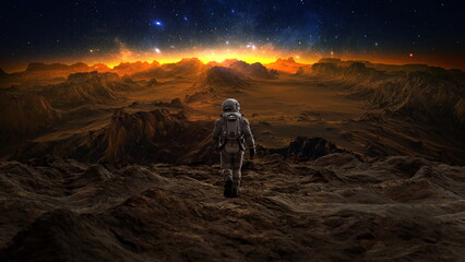 Astronaut marches on an alien landscape, with a cosmic horizon aglow, under a star filled sky. 3d render