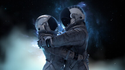Two astronauts couple in a tender embrace, silhouetted against a nebula-like celestial backdrop,...