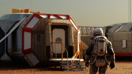 Astronaut stands before the entrance to a modular habitat on Mars, the beginning of a new era. 3d...