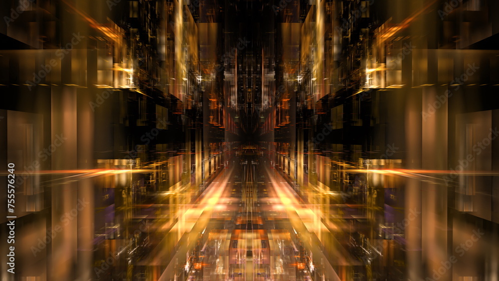 Poster abstract image with a deep perspective of golden light and mirrored geometric patterns. 3d render