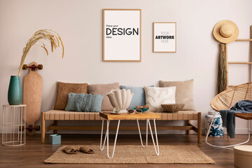 Summer composition of living room interior with couch, pillow carpet, coffee table, armchair and personal accessories. Gray concrete wall. Mock up poster. Template.