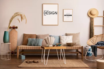 Foto op Aluminium Summer composition of living room interior with couch, pillow carpet, coffee table, armchair and personal accessories. Gray concrete wall. Mock up poster. Template. © FollowTheFlow