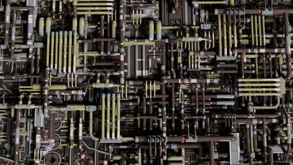 Overhead view of an extensive and detailed network of pipes and machinery, forming a high-density industrial landscape with a variety of textures