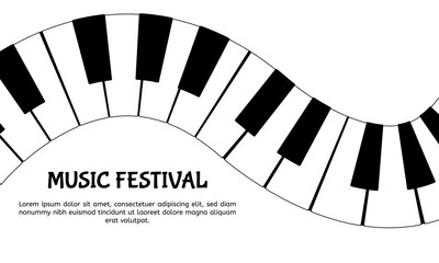 Piano music keys. Musical scale isolated. Curvy piano musical instrument keyboard. Horizontal composition. Music festival banner template. Copy space.