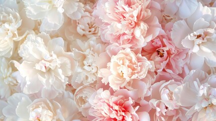 Abstract floral background. Beautiful white and pastel pink blooming peonies flowers background. Top view