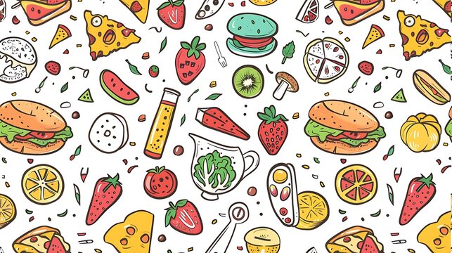 Doodle art food seamless pattern cartoon design style AI Image Generative