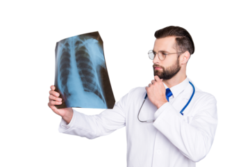 Portrait of pensive minded doc in white lab coat, uniform holding hand on chin looking at x-ray of lungs, trying to establish a diagnosis, isolated on grey background