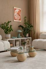 Modern concept of living room interior with design modular boucle sofa, glassy coffee table, mock...