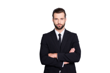 Portrait of attractive, brunet, concentrated, stylish, virile, harsh, trendy business person with modern hairstyle in black suit with tie having his arms crossed, isolated on grey background