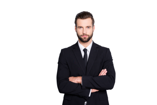 Portrait of attractive, brunet, concentrated, stylish, virile, harsh, trendy business person with modern hairstyle in black suit with tie having his arms crossed, isolated on grey background