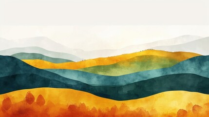 Colorful watercolor autumn landscape with diverse tree shapes and rolling hills.