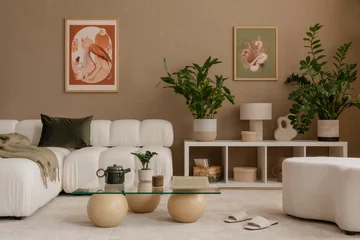 Foto auf Acrylglas Modern concept of living room interior with design modular boucle sofa, glassy coffee table, mock up poster frames, plants and elegant decorations. Home decor. Template.   © FollowTheFlow