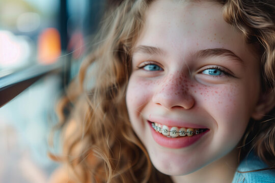 Curly hair smiling preteen female girl freckles orthodontic braces straight teeth indoor window background dentist dental child health wellness face portrait copy blank space dentistry concept advert