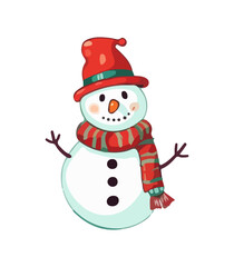 Snowman with a scarf, gloves and hat isolated in a white background in cartoon watercolor style. Flat design. Vector illustration.