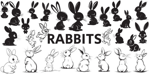 cute rabbit vector collection, different views., isolated, jumping and sittind