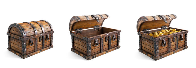 set of treasure chests. full, closed, open treasure chest with coins cutout PNG