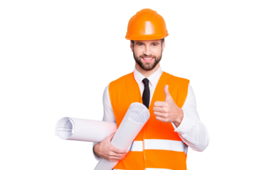 Portrait of handsome attractive joyful architect in shirt, tie and hard hat, showing like, thumb up sign with finger, having two paper rolls with scheme of building, isolated on grey background