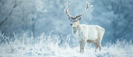 Deer in winter forest. Panoramic image. Winter landscape.