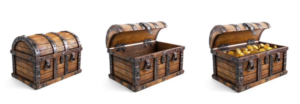 set of treasure chests. full, closed, open treasure chest with coins cutout PNG