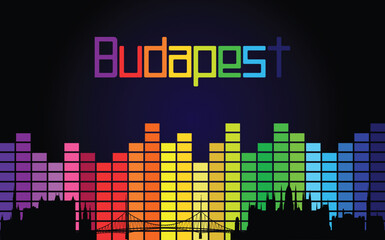 Black panorama of city of Budapest on multi colored music equalizer with multi colored inscription of the name of the city on black background