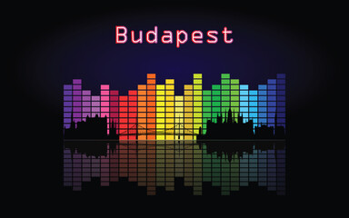 Fototapeta na wymiar Black panorama of city of Budapest on multi colored music equalizer with reflection of city and music equalizer with multi colored inscription of the name of the city on black background