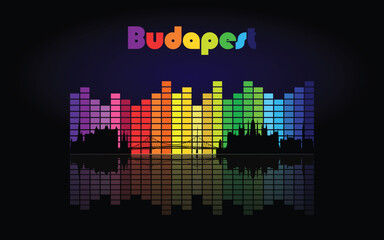 Fototapeta na wymiar Black panorama of city of Budapest on multi colored music equalizer with reflection of city and music equalizer with multi colored inscription of the name of the city on black background