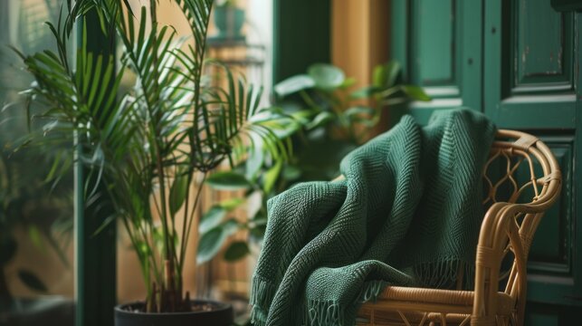 A cozy emerald green blanket is neatly draped over a chair next to a vibrant potted plant. The chair is positioned beside a black pot with a lush green plant, creating a warm and inviting corner in