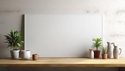 large empty white picture on the wall in a minimalist kitchen room. 