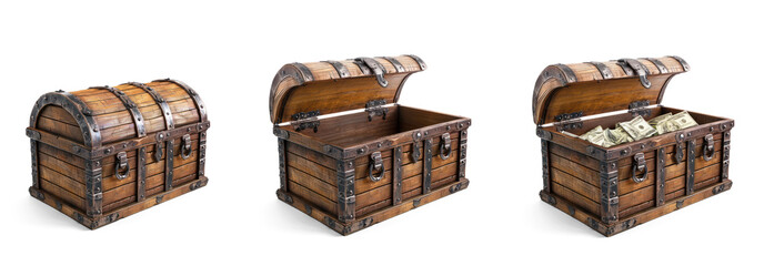 open treasure chest with with money, closed chest and empty open chest transparent cutout