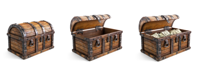 open treasure chest with with money, closed chest and empty open chest transparent cutout