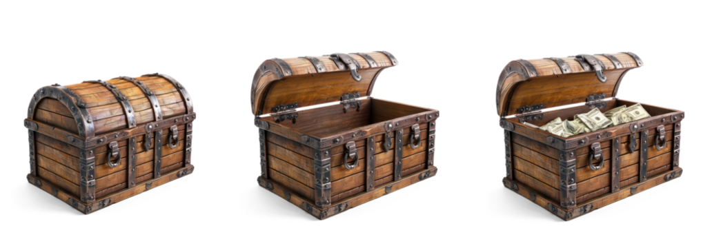 open treasure chest with with money, closed chest and empty open chest transparent cutout